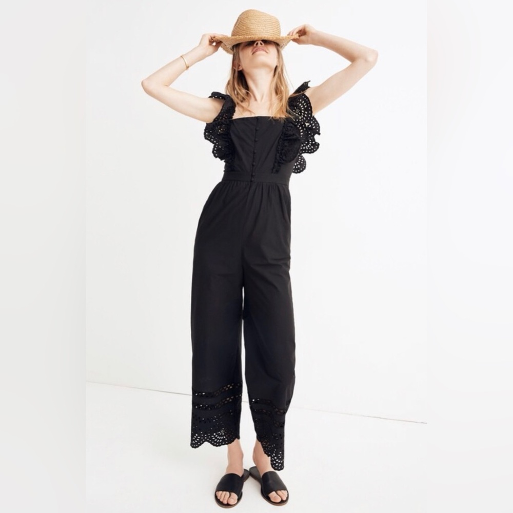 Madewell Black Eyelet Frilled-Strap Jumpsuit 100% cotton Romper Size 2 NWT